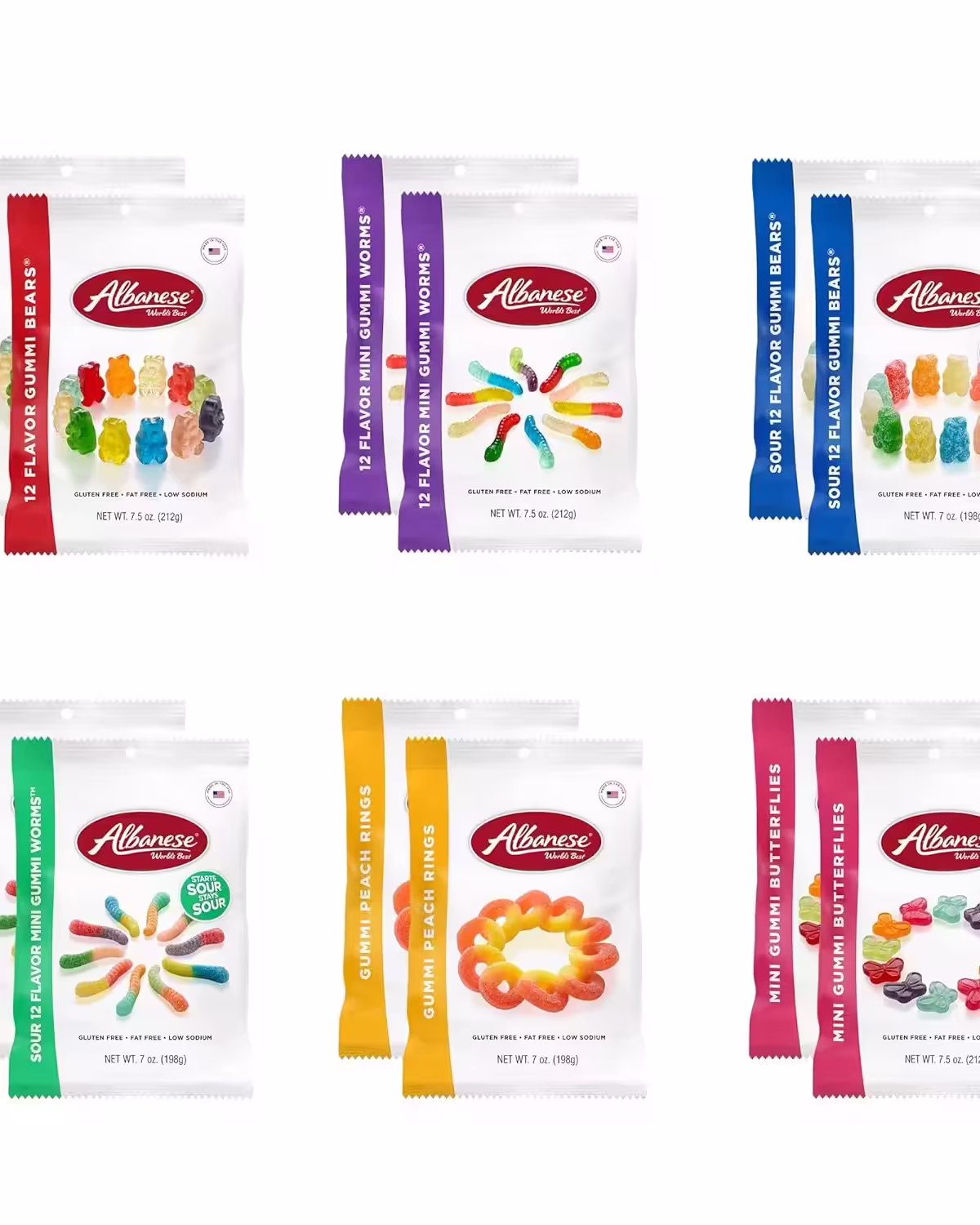 Twelve-pack of Albanese World's Best Gummi Variety Pack, including, 12 Flavor Gummi Bears, Sour Bears, Mini Worms, and Peach Rings in 7.5 oz and 7 oz bags.