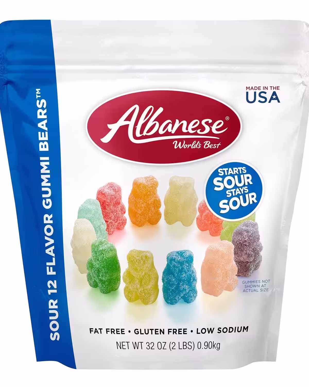 2lb bag of Albanese World's Best Sour 12 Flavor Gummi Bears with vibrant, colorful packaging
