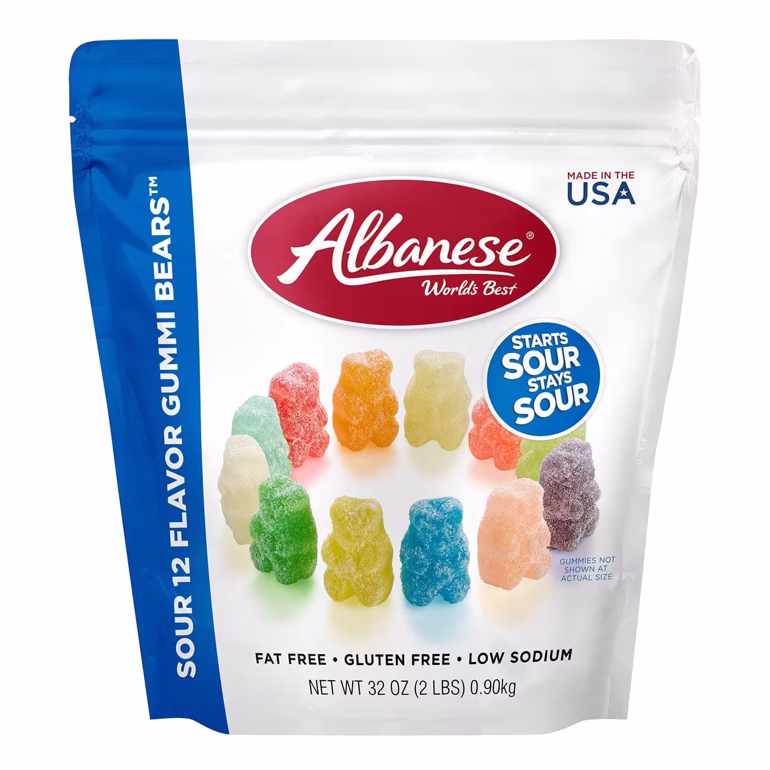 2lb bag of Albanese World's Best Sour 12 Flavor Gummi Bears with vibrant, colorful packaging
