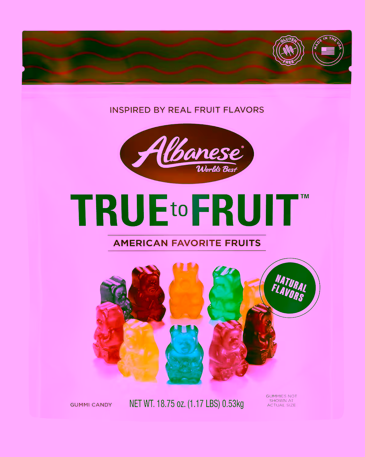A pack of Albanese World's Best True to Fruit™ American Favorite Fruits Gummies, featuring vibrant colors and flavors, 18.75oz bag
