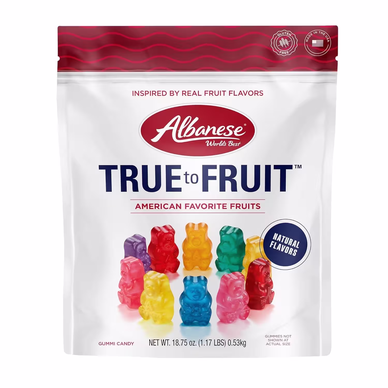 A pack of Albanese World's Best True to Fruit™ American Favorite Fruits Gummies, featuring vibrant colors and flavors, 18.75oz bag