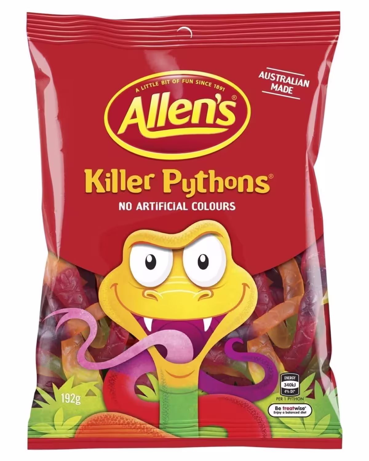 Pack of Allen's Killer Pythons gummy candy featuring a vibrant assortment of colorful, snake-shaped gummies in flavors like orange, apple, pineapple, berry, and strawberry.