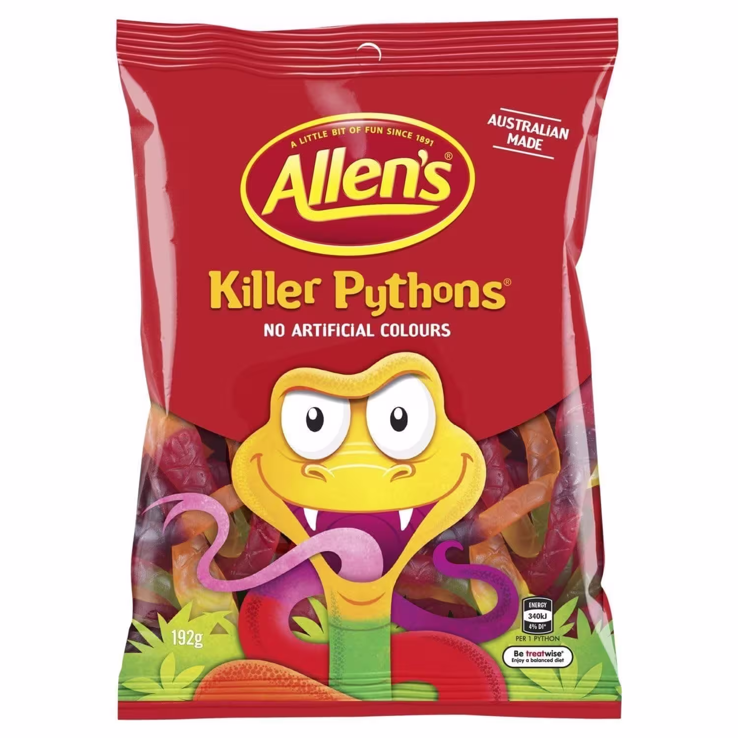 Pack of Allen's Killer Pythons gummy candy featuring a vibrant assortment of colorful, snake-shaped gummies in flavors like orange, apple, pineapple, berry, and strawberry.
