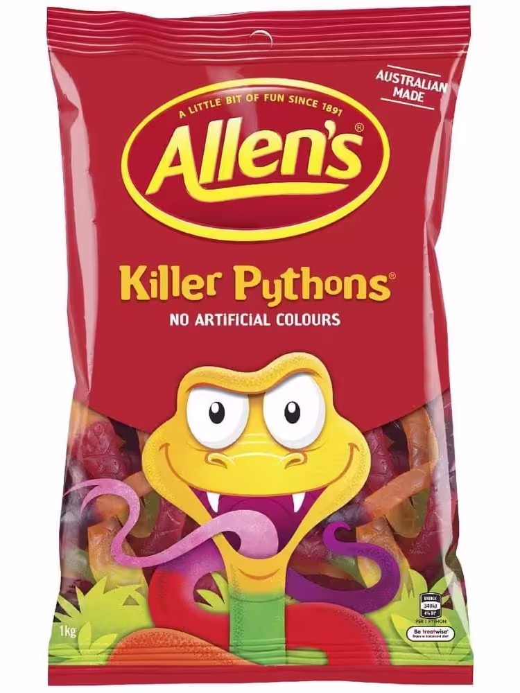 Pack of Allen’s Killer Pythons Gummy Candy, 1 kg, featuring colorful snake-shaped gummies in assorted fruit flavors including orange, apple, pineapple, berry, and strawberry.