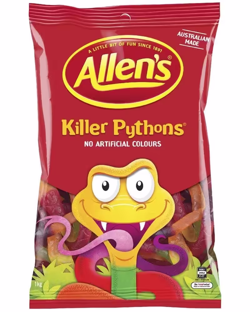 Pack of Allen’s Killer Pythons Gummy Candy, 1 kg, featuring colorful snake-shaped gummies in assorted fruit flavors including orange, apple, pineapple, berry, and strawberry.