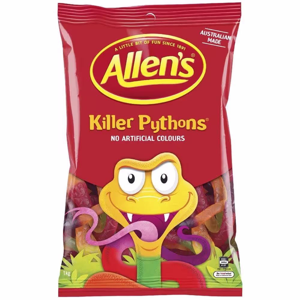 Pack of Allen’s Killer Pythons Gummy Candy, 1 kg, featuring colorful snake-shaped gummies in assorted fruit flavors including orange, apple, pineapple, berry, and strawberry.