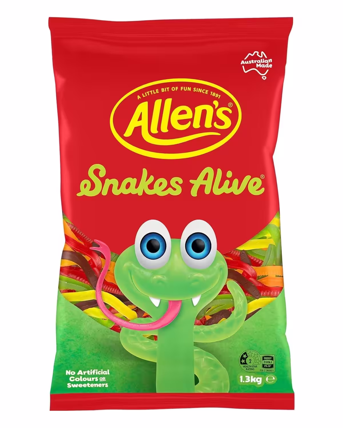 Pack of Allen's Snakes Alive Family Size 1kg with colorful snake-shaped gummy candies.