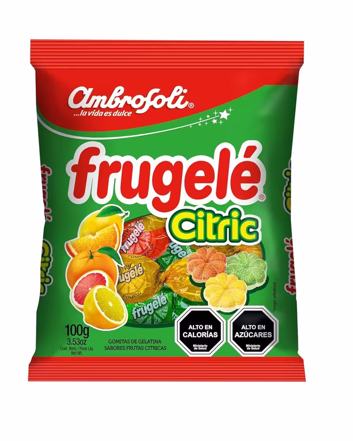 Pack of Ambrosoli Frugele Citric Gummy Candy with vibrant, colorful gummies in individually wrapped portions, showcasing juicy fruit flavors