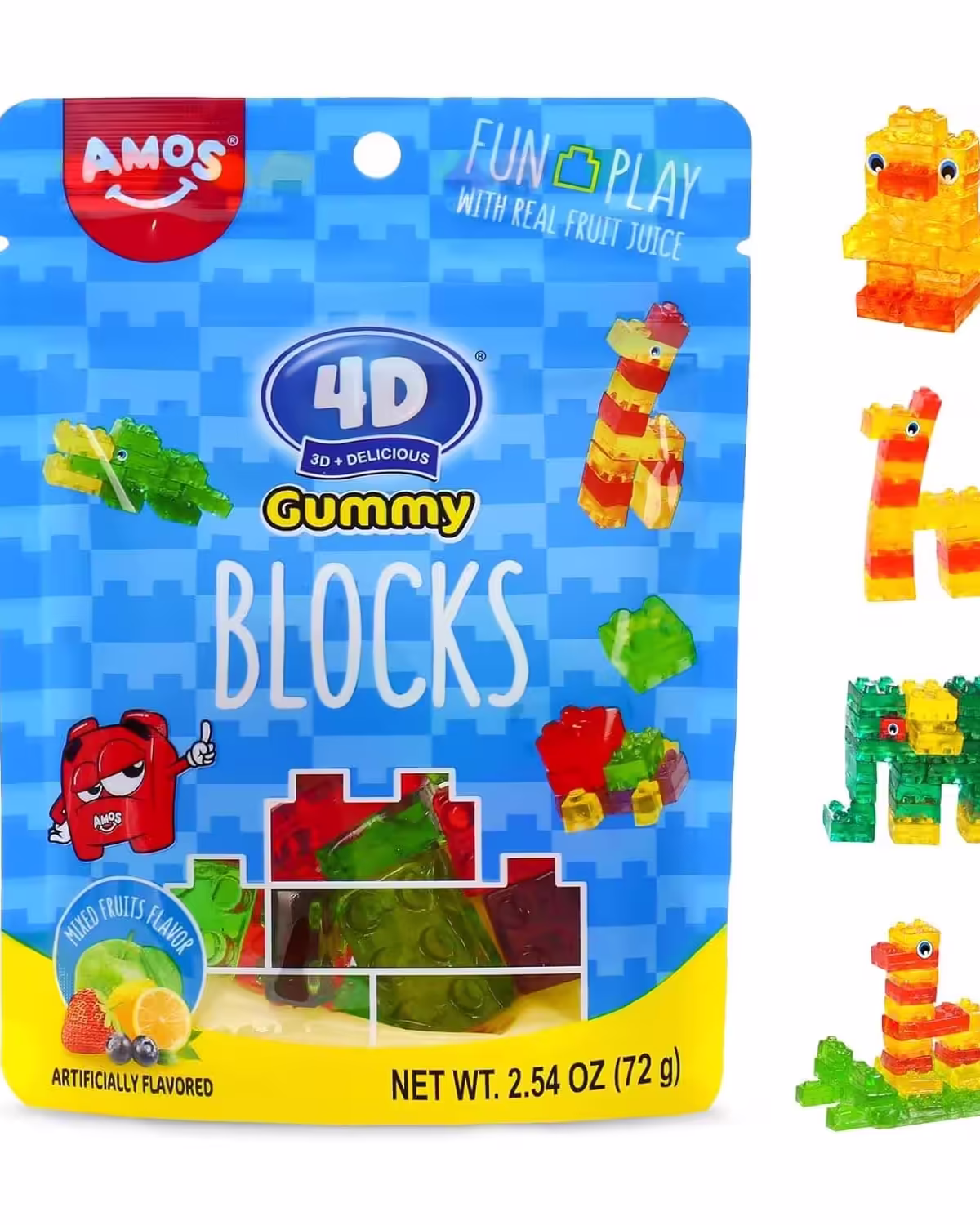 A 3 pack of AMOS 4D Gummy Blocks Candy Bricks featuring colorful, edible building blocks in a resealable 2.19oz bag. Ideal for kids' birthday parties, cupcake toppers, and themed events