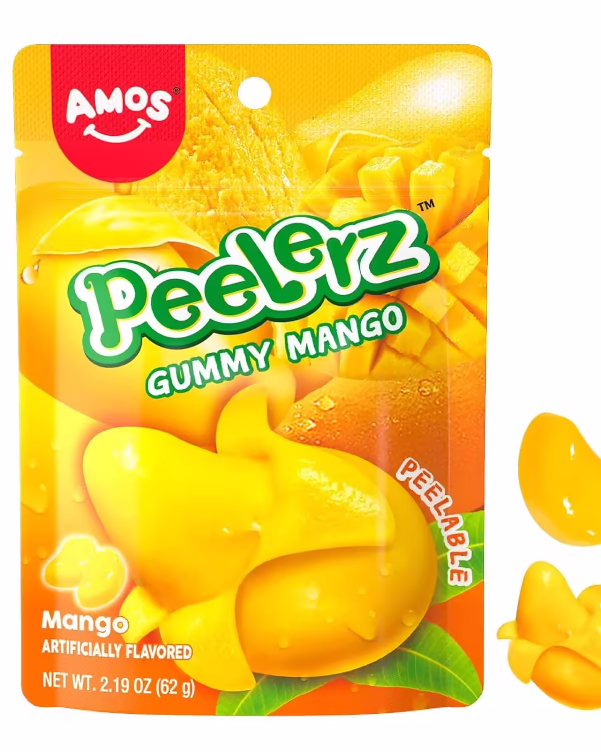 3-pack of Amos Peelerz Gummy Mango Peeling Candy featuring mango-shaped candies with peelable outer skin and soft gel center