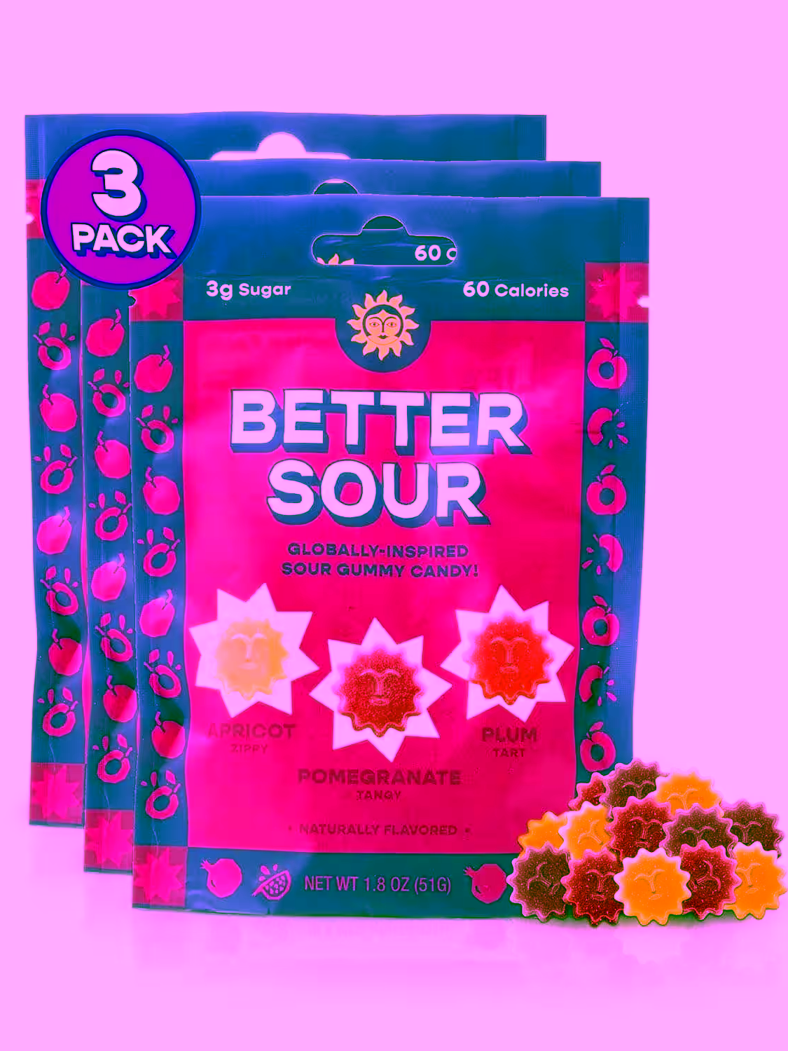 3 Packages of Better Sour Gummies: Apricot, Pomegranate, and Plum Flavors - Plant-Based, Low Sugar, Healthy Sour Gummy Candy
