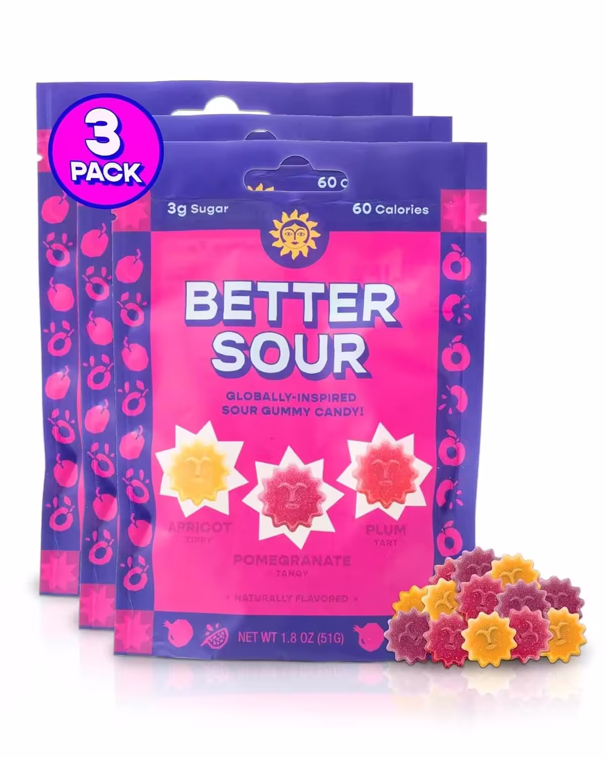 3 Packages of Better Sour Gummies: Apricot, Pomegranate, and Plum Flavors - Plant-Based, Low Sugar, Healthy Sour Gummy Candy