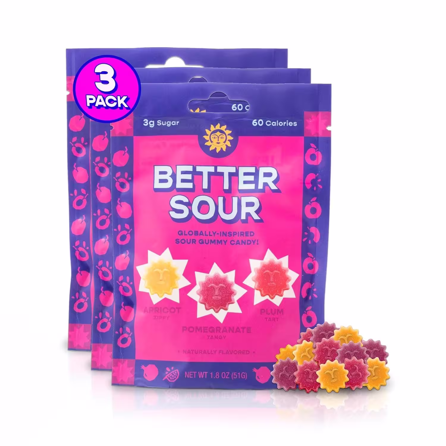 3 Packages of Better Sour Gummies: Apricot, Pomegranate, and Plum Flavors - Plant-Based, Low Sugar, Healthy Sour Gummy Candy