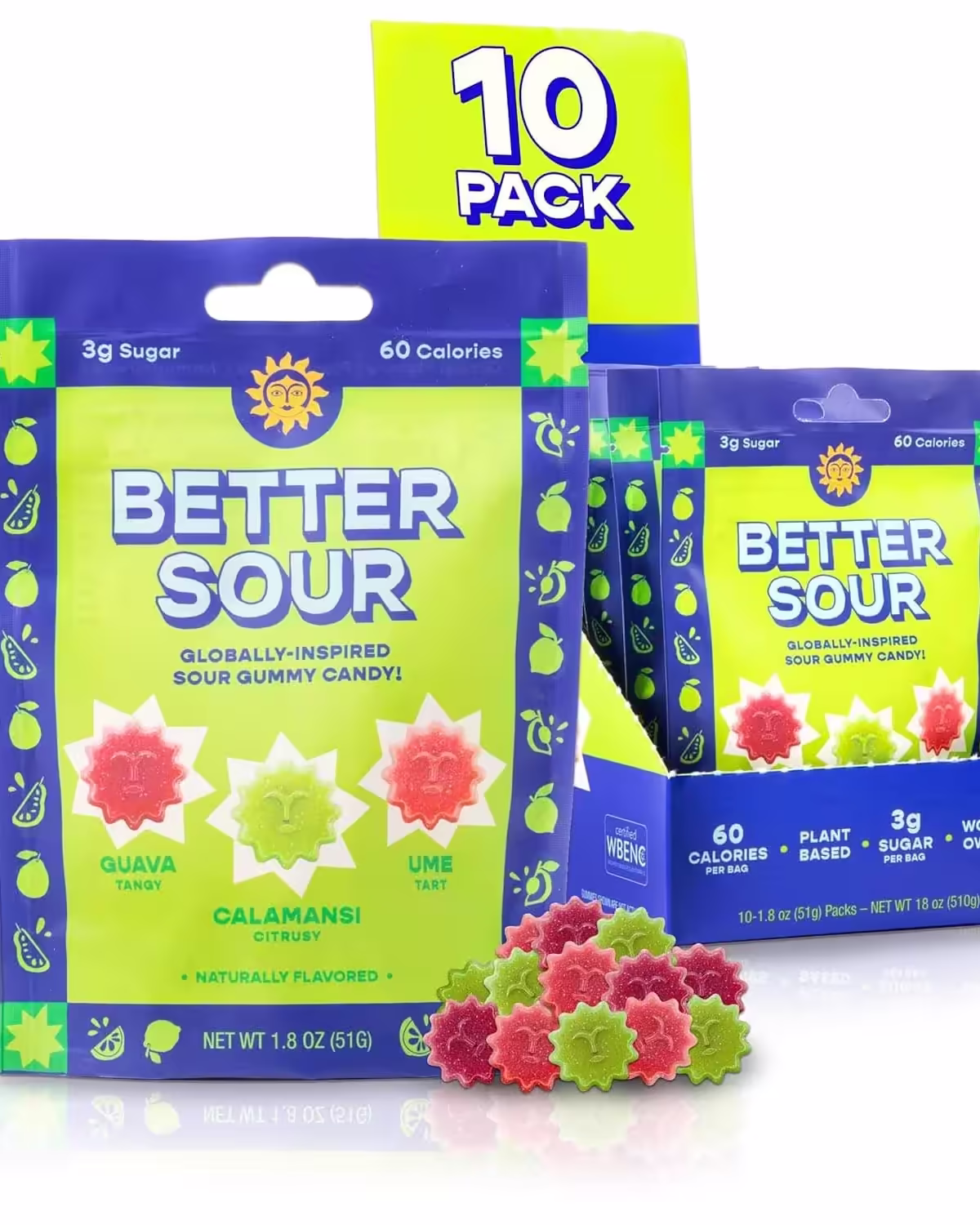 Better Sour gummy candy bag featuring a variety of global flavors including guava, calamansi, ume, apricot, pomegranate, and plum, 100% plant-based and low sugar