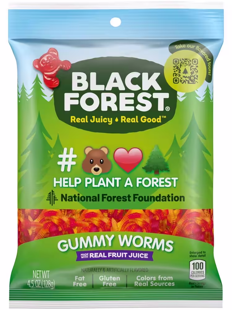 Pack of Black Forest Gummy Worms, featuring a variety of fruit flavors, including apple, cherry, lemon, orange, and pineapple.