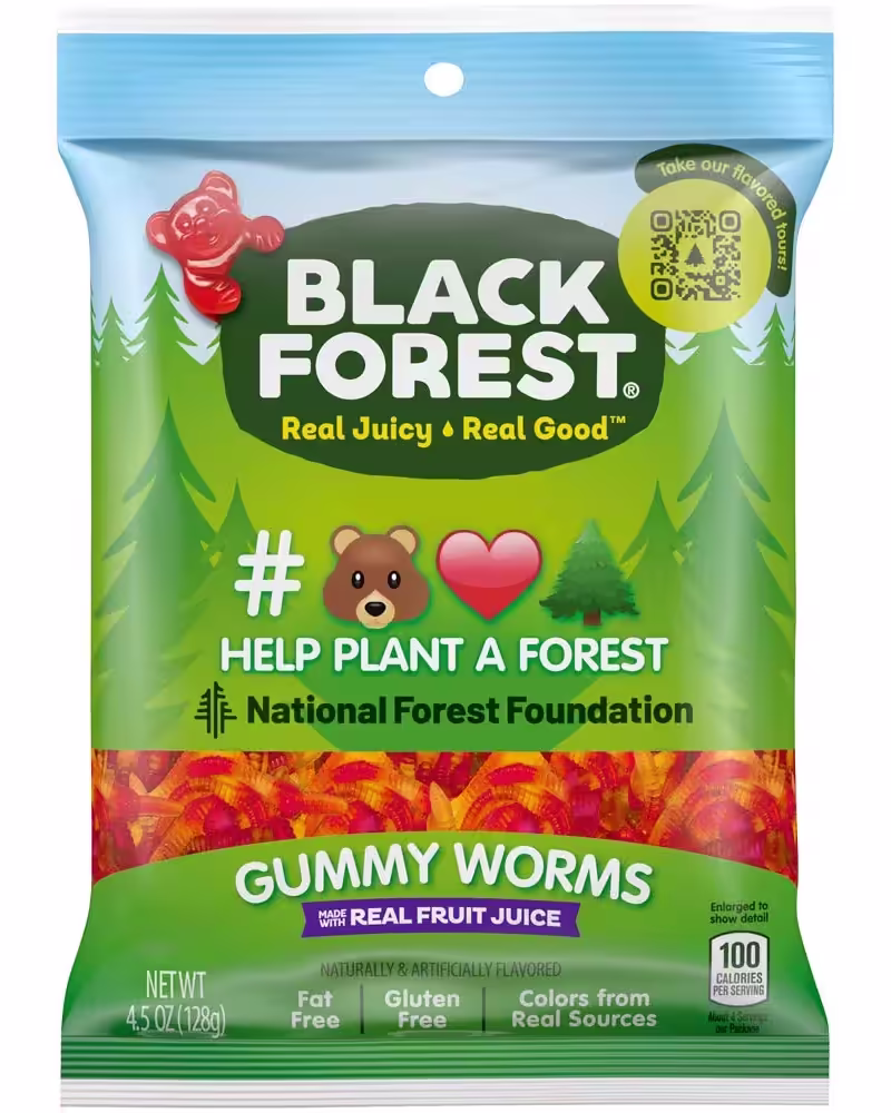 Pack of Black Forest Gummy Worms, featuring a variety of fruit flavors, including apple, cherry, lemon, orange, and pineapple.