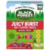 40-pack box of Black Forest Juicy Burst Fruit Snacks, featuring individually wrapped pouches in grape, cherry, apple, and strawberry flavors.
