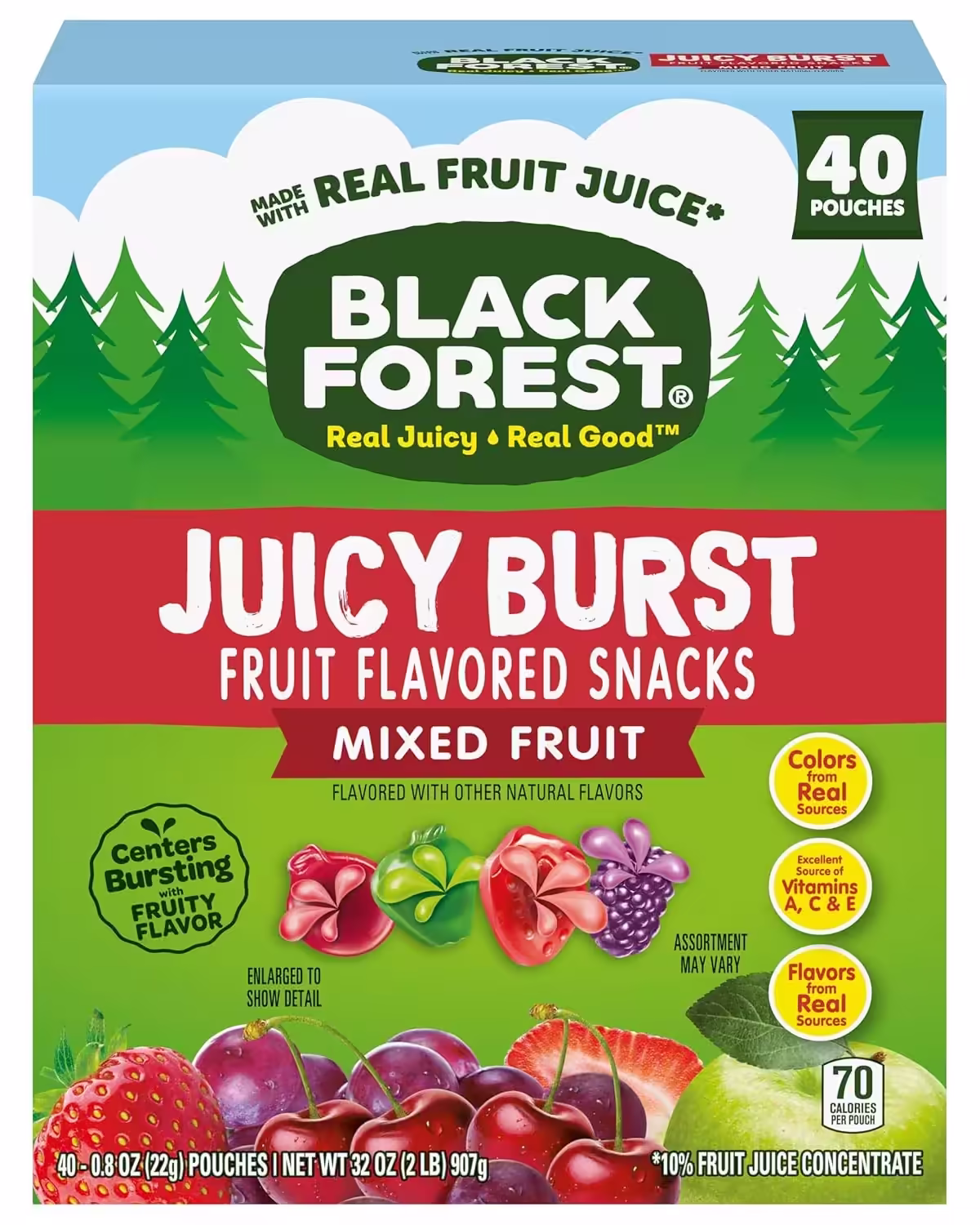 40-pack box of Black Forest Juicy Burst Fruit Snacks, featuring individually wrapped pouches in grape, cherry, apple, and strawberry flavors.