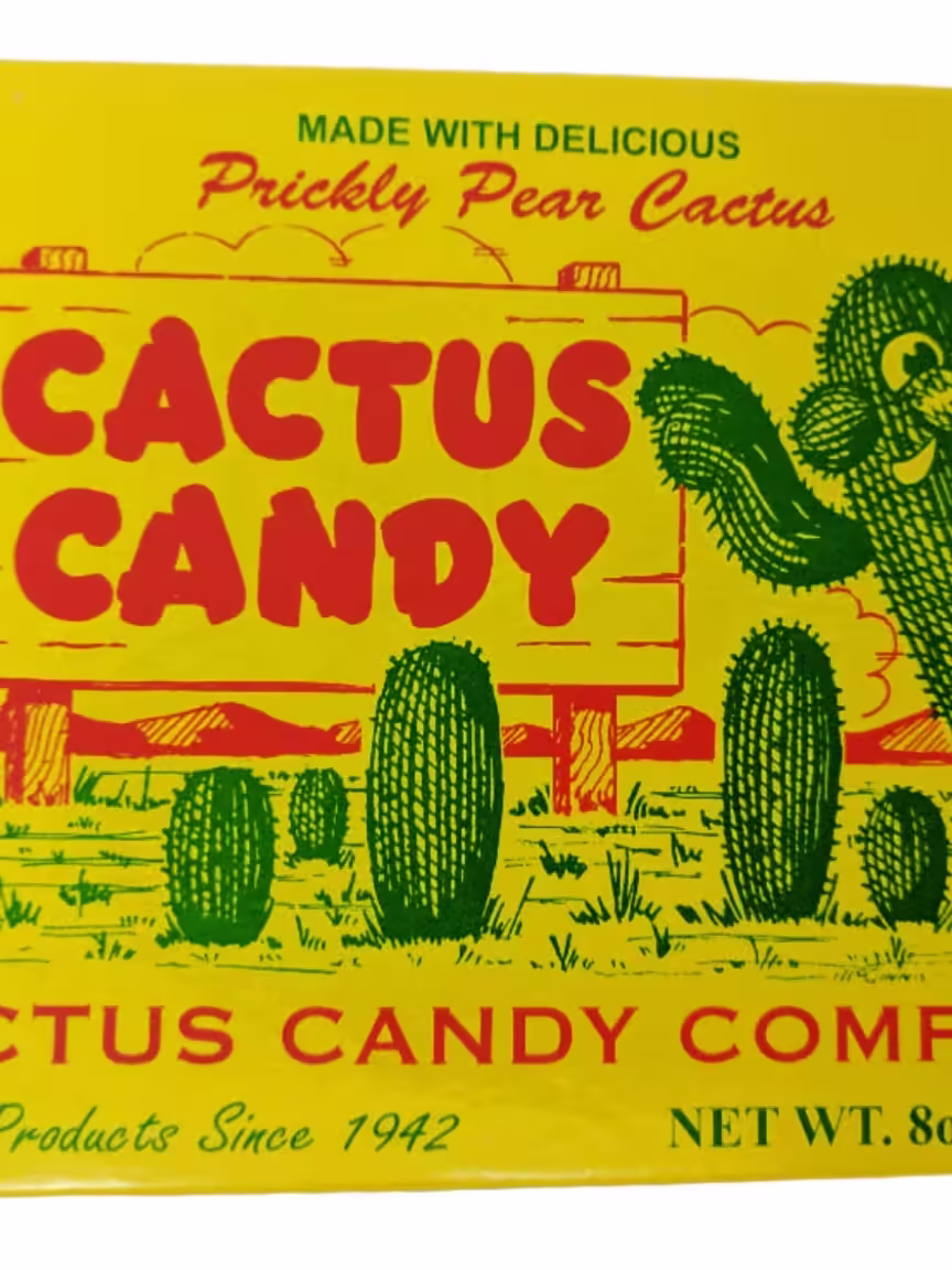 Box of Cactus Candy Company's 1/2 LB Arizona Prickly Pear Cactus Candy featuring vibrant pink candies with sugar dusting, set against a colorful Southwest-themed packaging