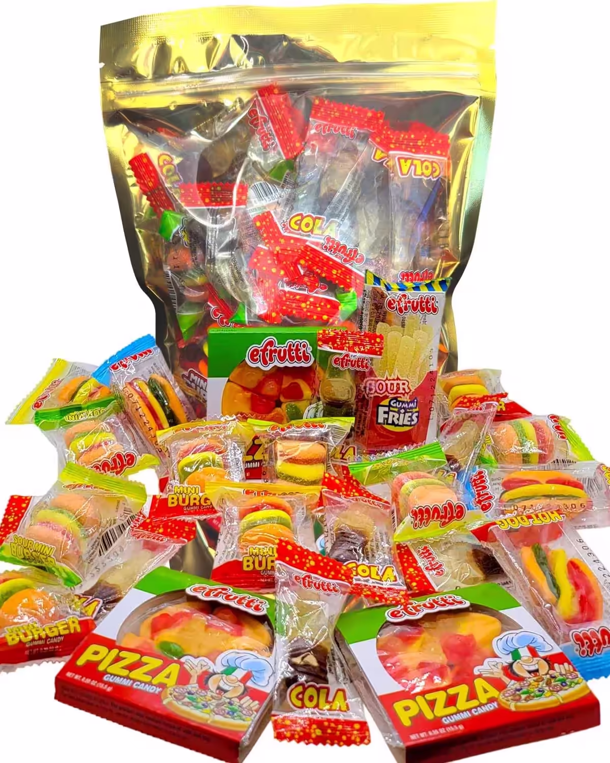 A pack of eFrutti Gummi Candy Variety Lunch Party Gift Set featuring gummy pizza, hamburgers, hot dogs, french fries, and cola bottles