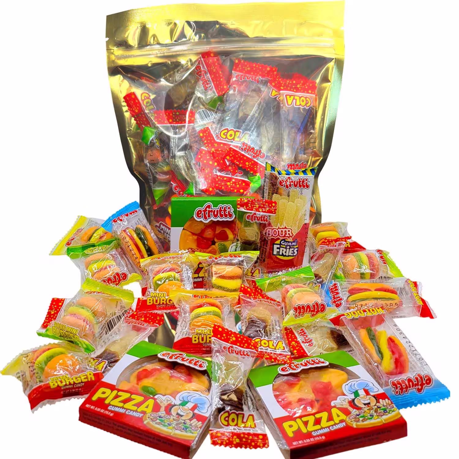 A pack of eFrutti Gummi Candy Variety Lunch Party Gift Set featuring gummy pizza, hamburgers, hot dogs, french fries, and cola bottles