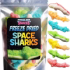 A 3-ounce pack of Freeze Dried Gummy Sharks – Premium Candy – Space Age Snacks Space Sharks Freeze Dry Candy, featuring vibrant packaging with a space theme, showcasing the crunchy and colorful freeze-dried gummy sharks inside.