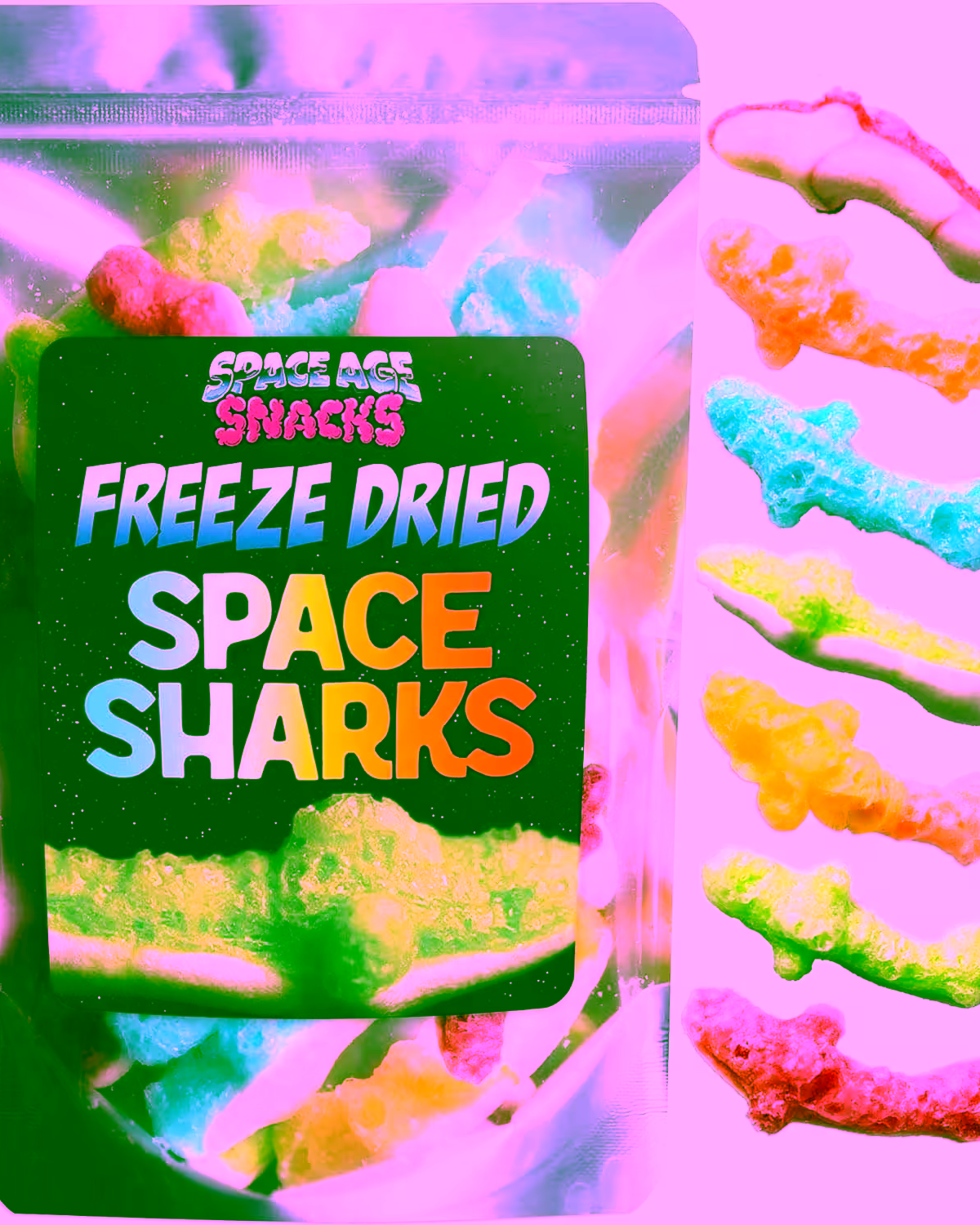 A 3-ounce pack of Freeze Dried Gummy Sharks – Premium Candy – Space Age Snacks Space Sharks Freeze Dry Candy, featuring vibrant packaging with a space theme, showcasing the crunchy and colorful freeze-dried gummy sharks inside.