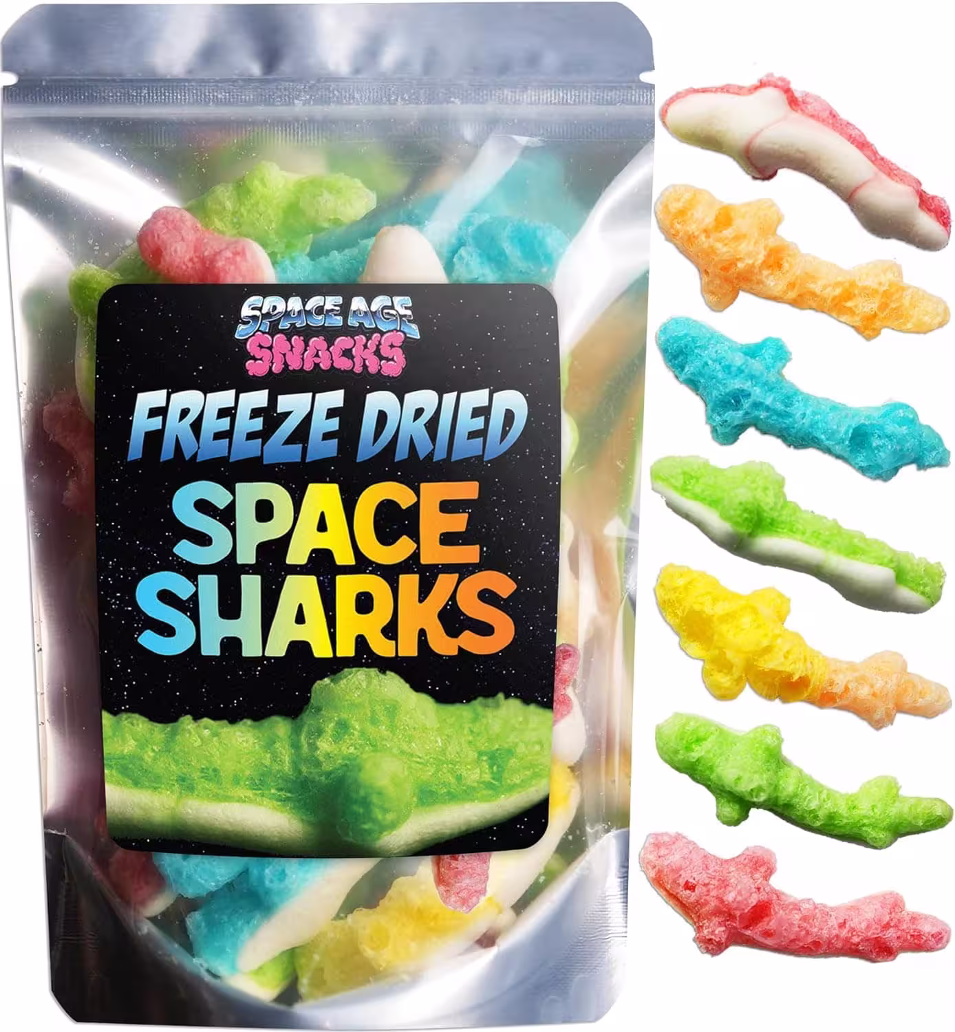 A 3-ounce pack of Freeze Dried Gummy Sharks – Premium Candy – Space Age Snacks Space Sharks Freeze Dry Candy, featuring vibrant packaging with a space theme, showcasing the crunchy and colorful freeze-dried gummy sharks inside.