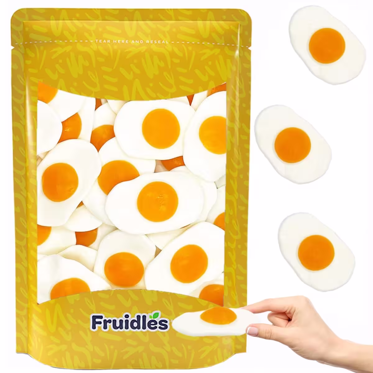 A pack of Fruidles Large Fried Egg Gummi Omelet Candy featuring colorful, sunny-side-up egg-shaped gummies with a cheerful fruit flavor, perfect for parties, events, or a fun treat