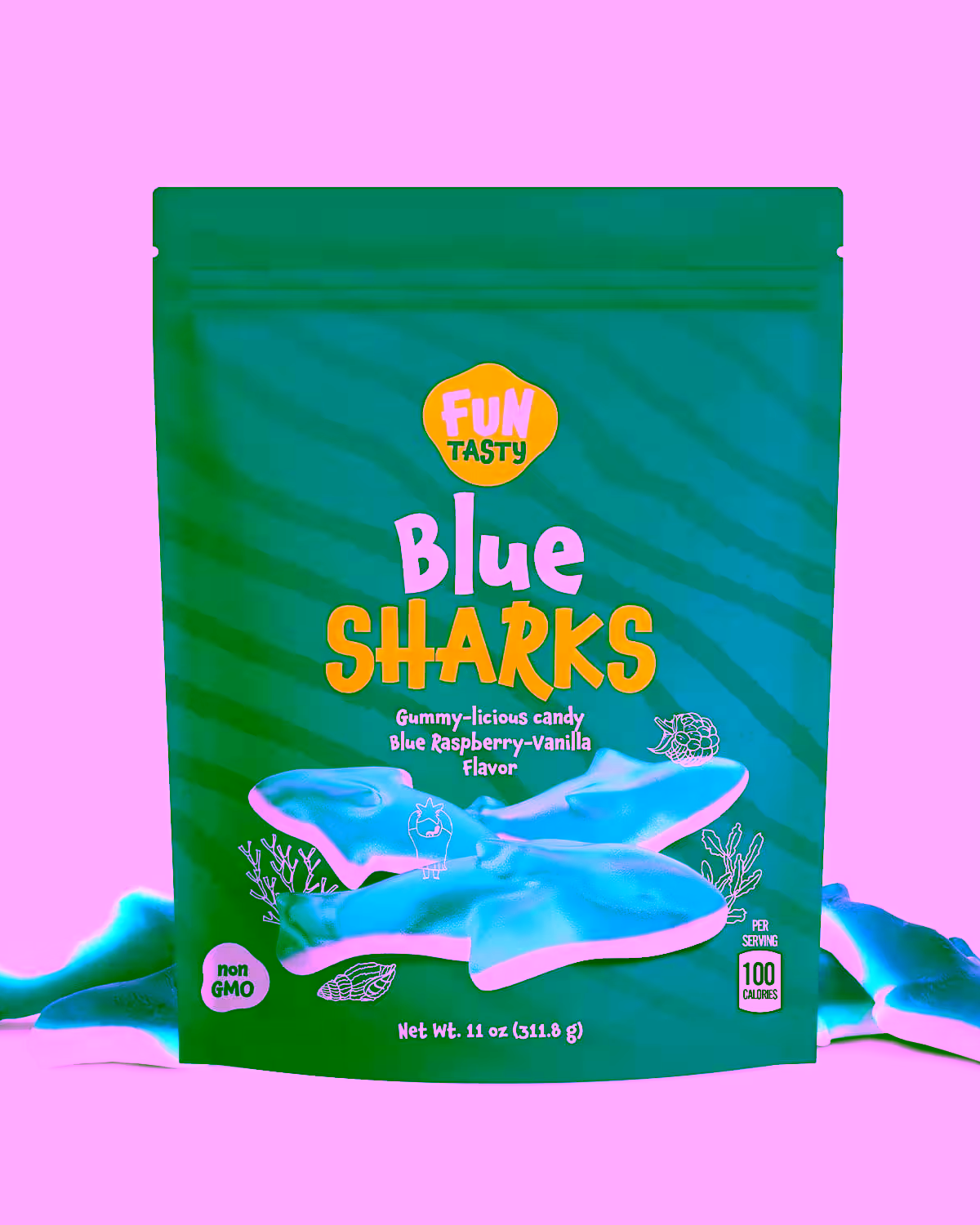 Pack of Funtasty Blue Sharks Gummy Candy - Blue Raspberry and Marshmallow-Flavored gummies in an 11-ounce bag, featuring vibrant blue shark-shaped candies.