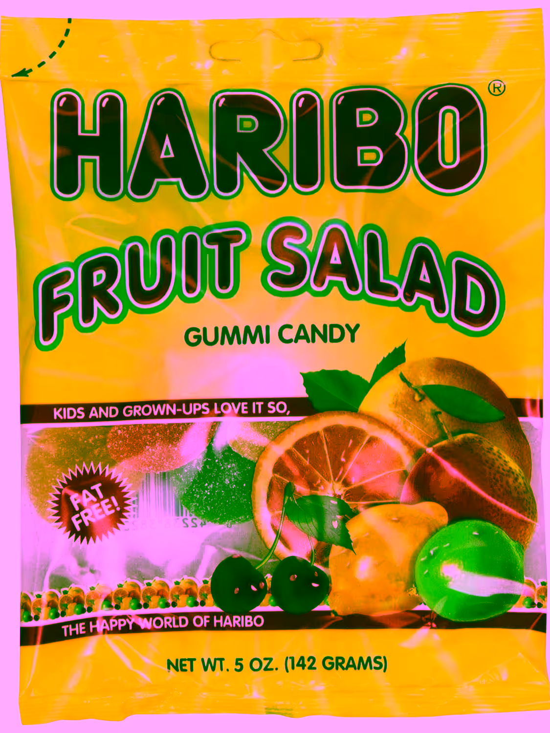 A colorful pack of Haribo Fruit Salad Gummies, featuring a variety of fruit-flavored gummies including cherry, lemon, lime, grapefruit, passion fruit, and orange, perfect for parties and summer snacks