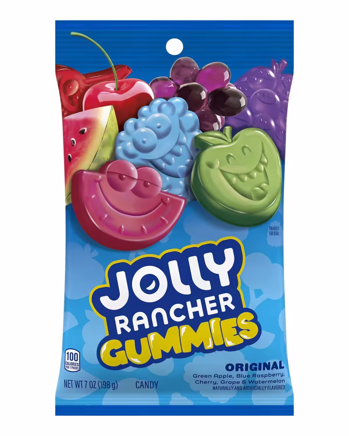 A 7-ounce bag of JOLLY RANCHER Gummies featuring an assortment of fruit flavors including green apple, blue raspberry, cherry, grape, and watermelon