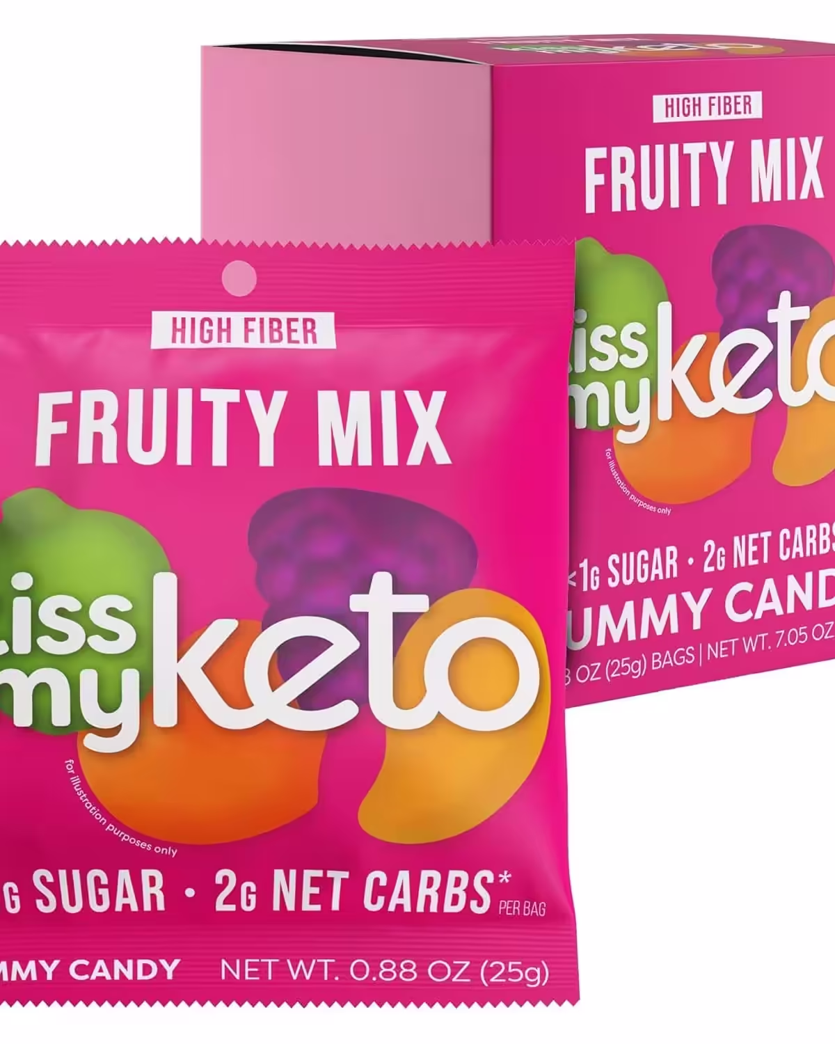 Pack of 8 Kiss My Keto Gummy Candies in assorted fruity flavors, featuring low sugar and keto-friendly ingredients, displayed in vibrant packaging.