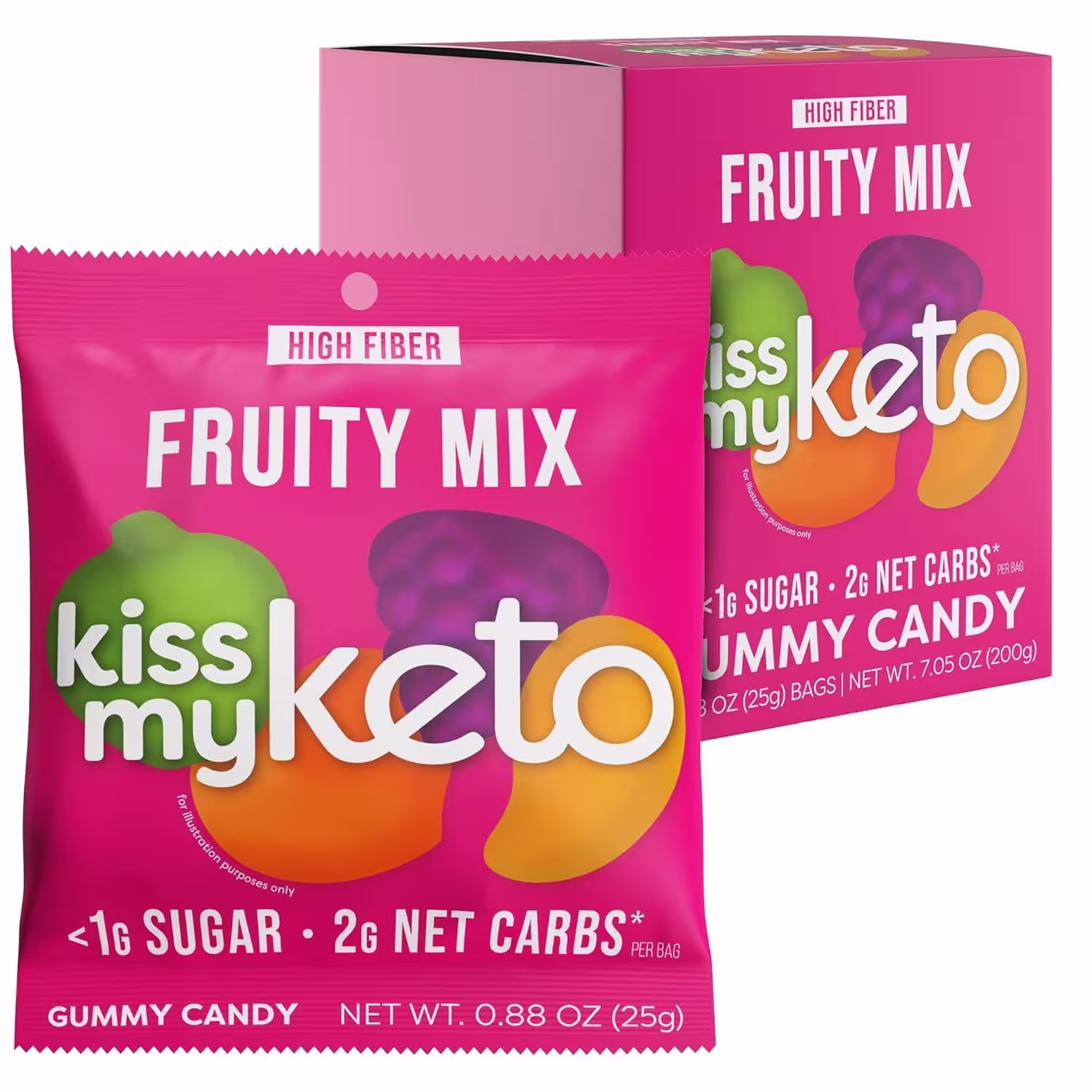Pack of 8 Kiss My Keto Gummy Candies in assorted fruity flavors, featuring low sugar and keto-friendly ingredients, displayed in vibrant packaging.