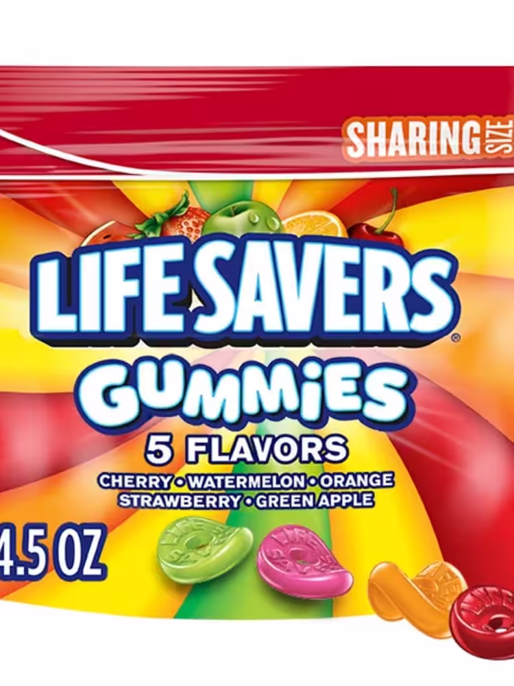 Bag of LIFE SAVERS Gummies featuring a mix of cherry, watermelon, green apple, strawberry, and orange flavors in a resealable 14.5-ounce pouch.