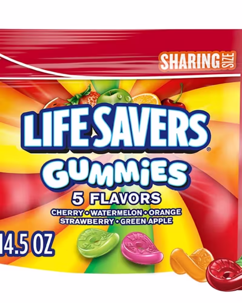 Bag of LIFE SAVERS Gummies featuring a mix of cherry, watermelon, green apple, strawberry, and orange flavors in a resealable 14.5-ounce pouch.
