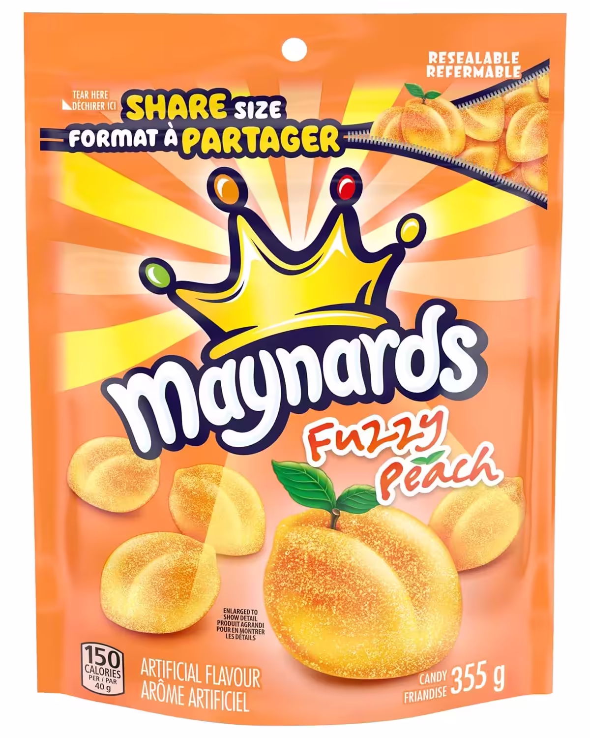 Pack of Maynards Fuzzy Peach gummies made with real fruit juice featuring vibrant peach-shaped gummy candies