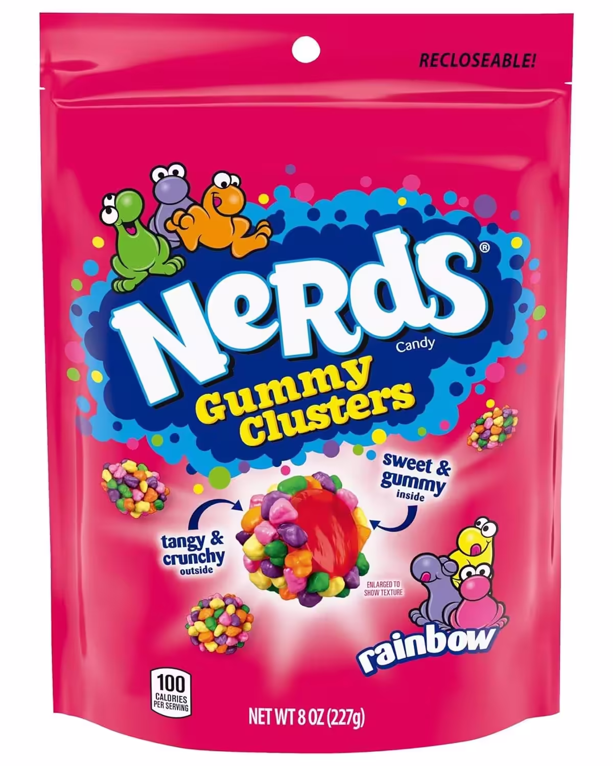 Bag of NERDS Rainbow Gummy Clusters, 8 ounces, featuring colorful crunchy NERDS candies on a chewy gummy center, with flavors like strawberry, grape, orange, and lemonade