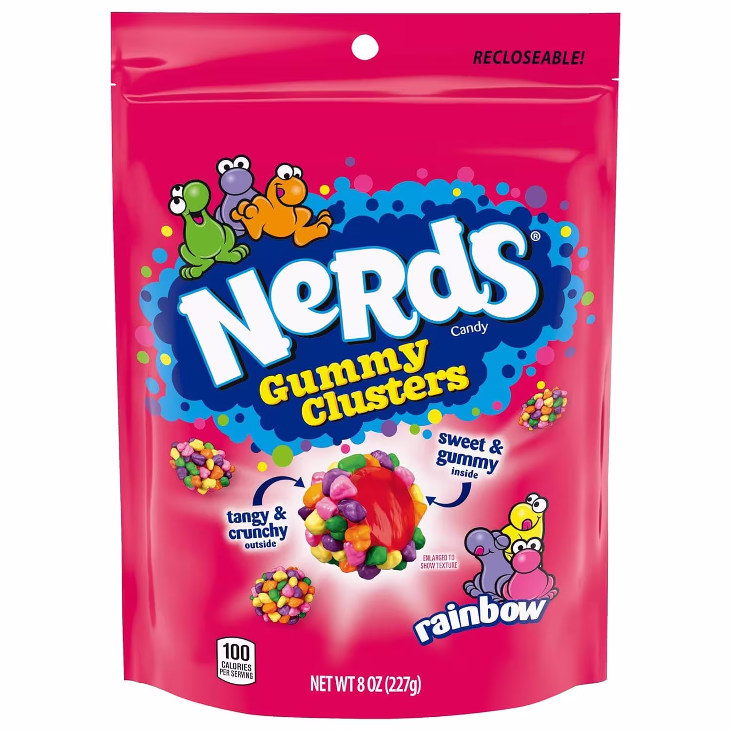 Bag of NERDS Rainbow Gummy Clusters, 8 ounces, featuring colorful crunchy NERDS candies on a chewy gummy center, with flavors like strawberry, grape, orange, and lemonade