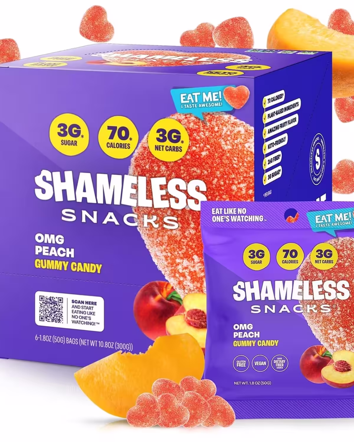 Six-pack of Shameless Snacks OMG Sour Peach Gummies in a vibrant purple box, showcasing the product's packaging and enticing peach flavor.