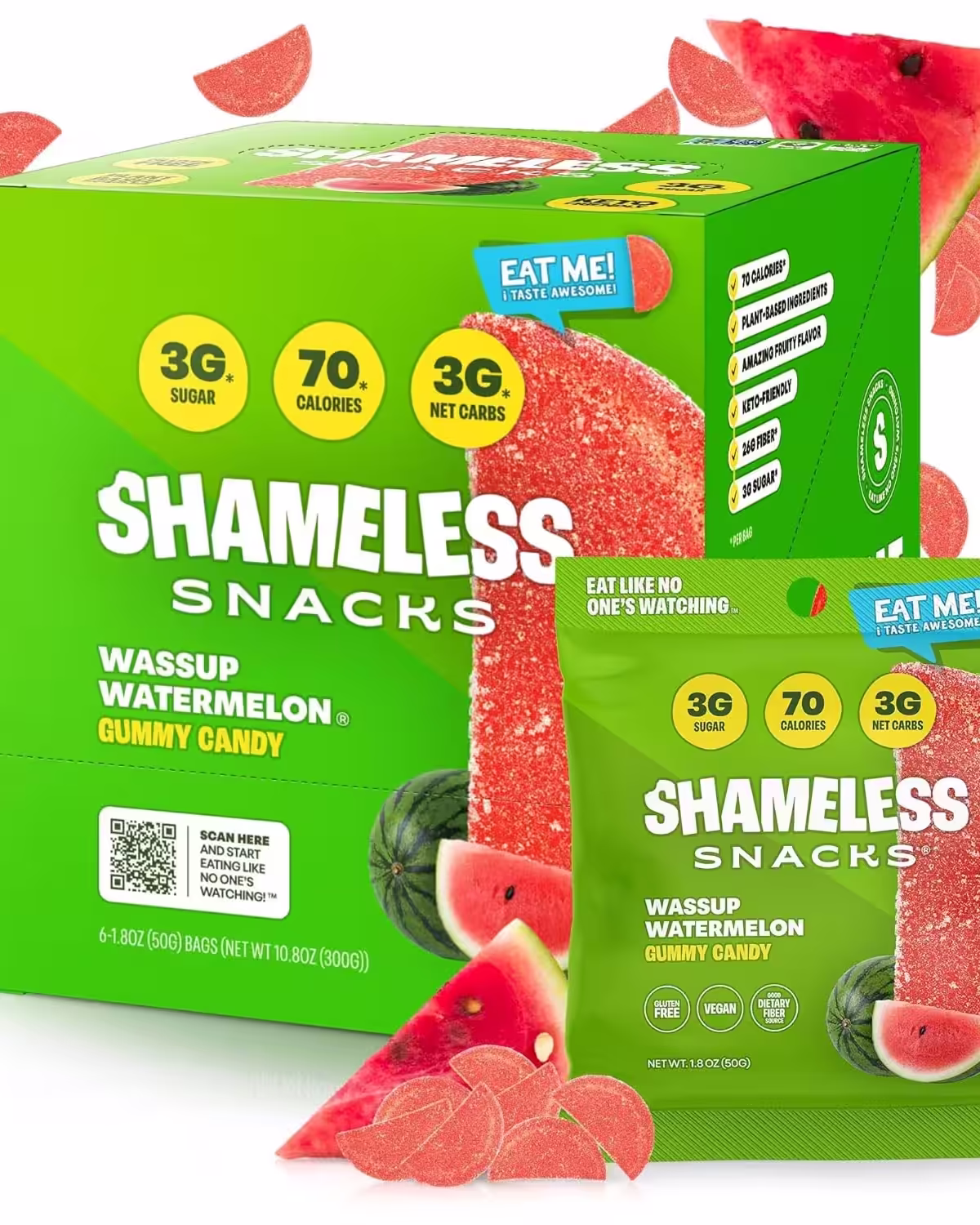 Pack of 6 Shameless Snacks Wassup Watermelon Gummies - Low Sugar and Keto-Friendly Gummies in Vibrant Watermelon Flavor.