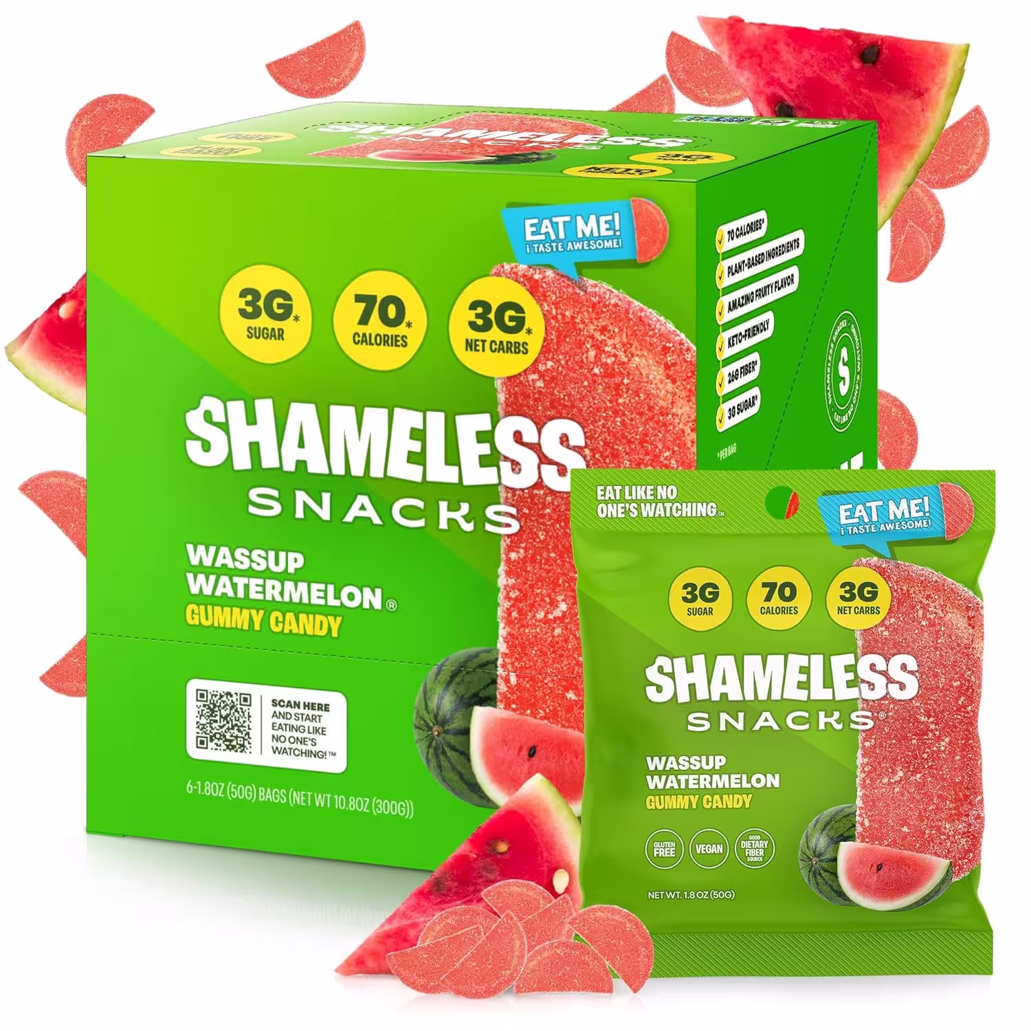 Pack of 6 Shameless Snacks Wassup Watermelon Gummies - Low Sugar and Keto-Friendly Gummies in Vibrant Watermelon Flavor.