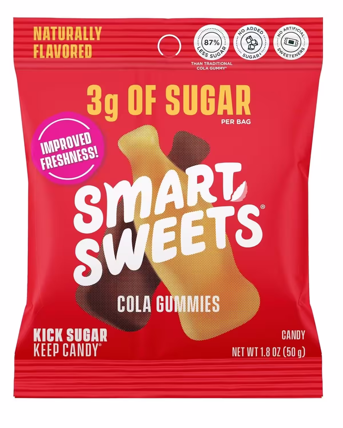 Pack of 12 bags of SmartSweets Cola Gummies, featuring low-sugar, plant-based gummy candies with classic cola flavor.