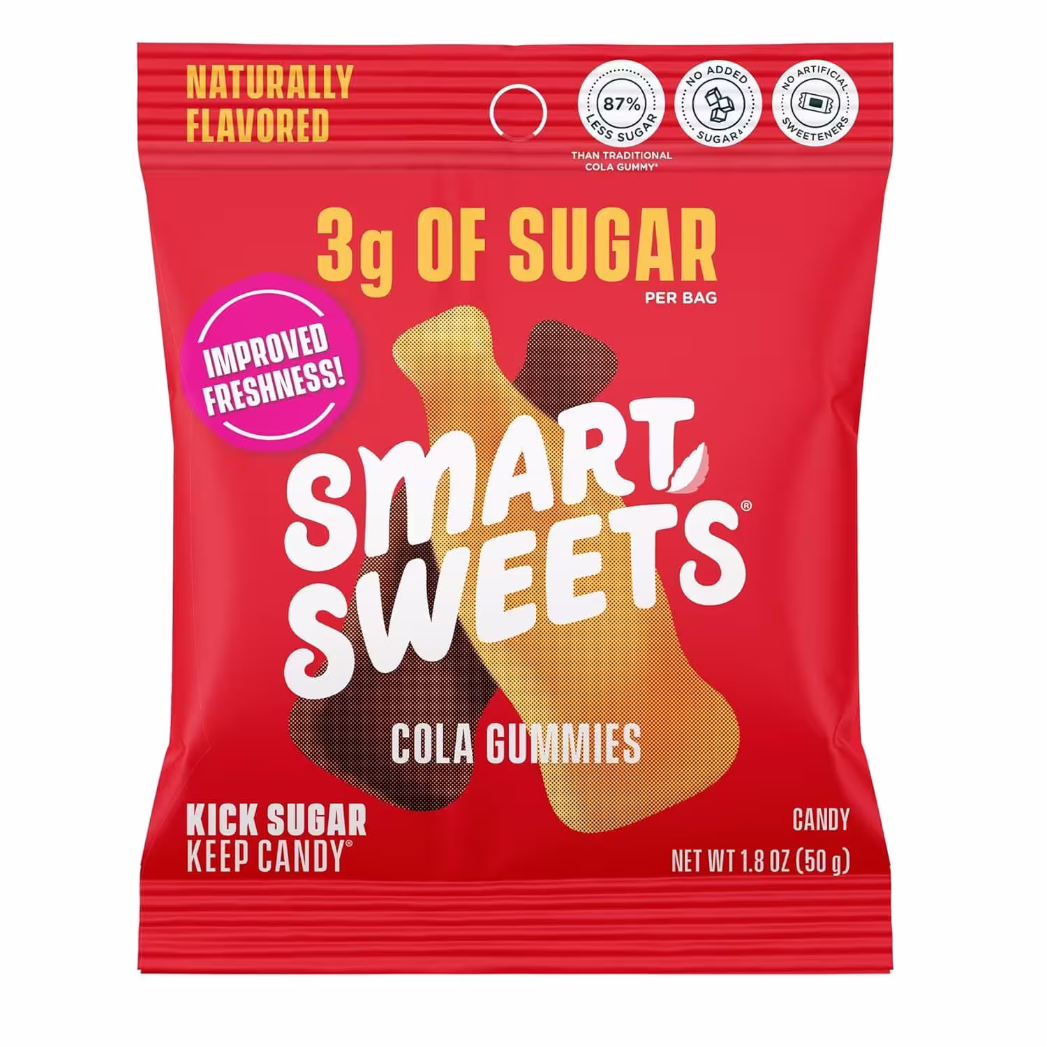 Pack of 12 bags of SmartSweets Cola Gummies, featuring low-sugar, plant-based gummy candies with classic cola flavor.