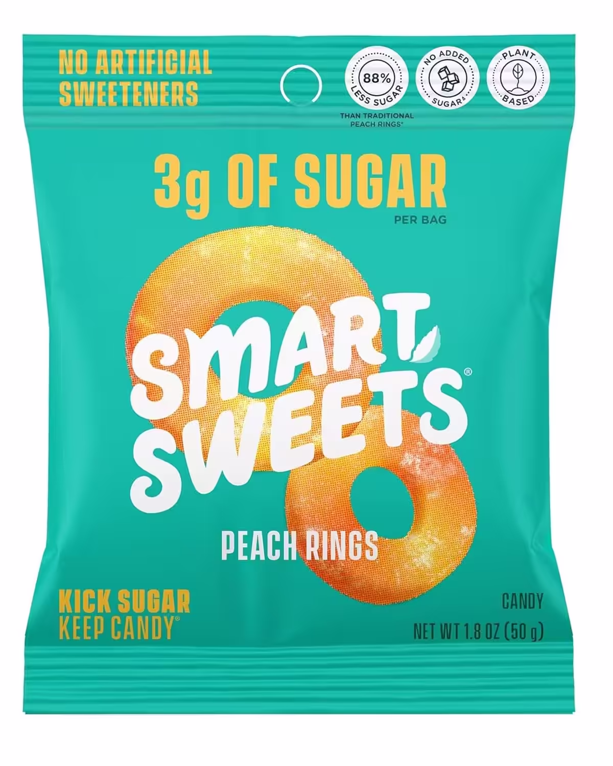 Bag of SmartSweets Peach Rings with low sugar and 130 calories, featuring peach-flavored gummy rings