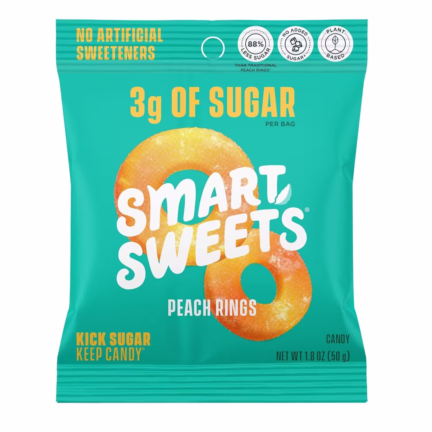 Bag of SmartSweets Peach Rings with low sugar and 130 calories, featuring peach-flavored gummy rings
