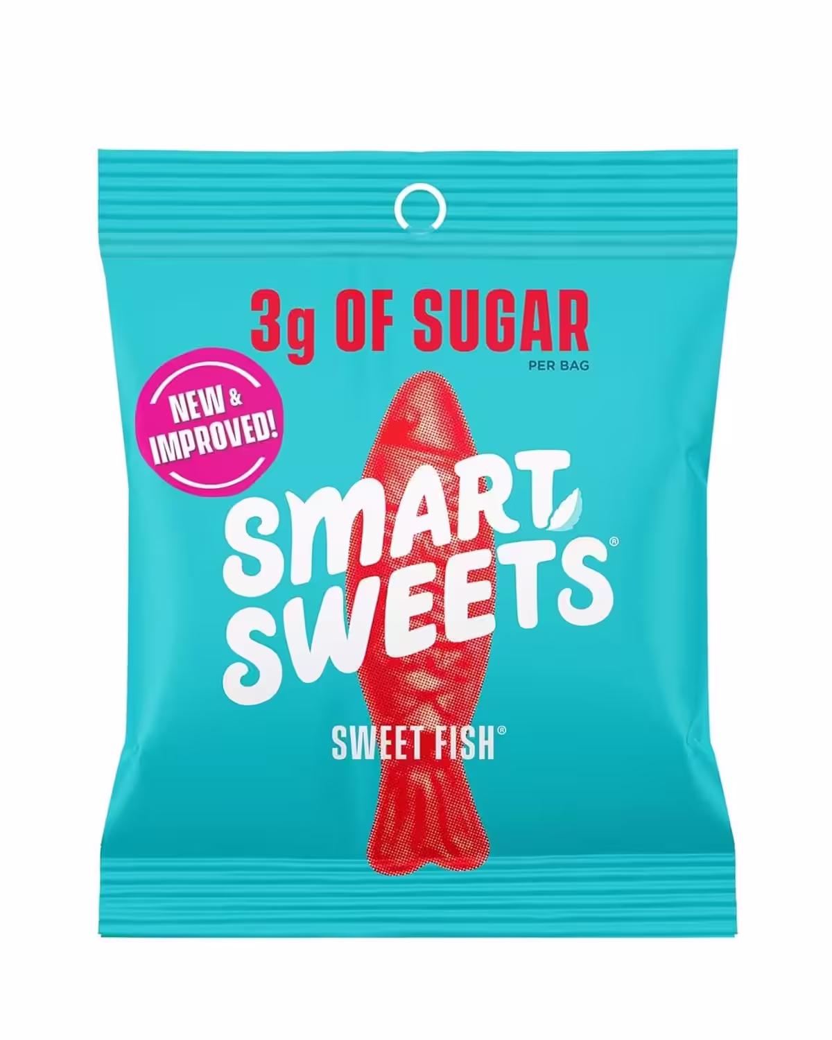 A package of SmartSweets Sweet Fish Gummies featuring a bright light blue background with images of red fish-shaped gummies on the front, highlighting the 3g sugar content and healthy ingredients
