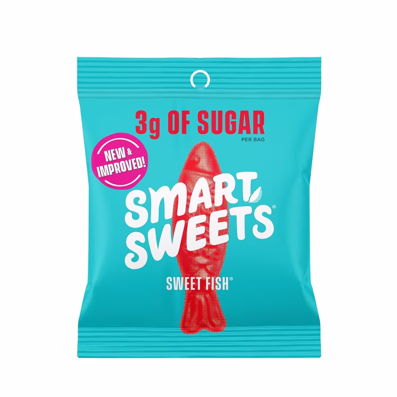A package of SmartSweets Sweet Fish Gummies featuring a bright light blue background with images of red fish-shaped gummies on the front, highlighting the 3g sugar content and healthy ingredients