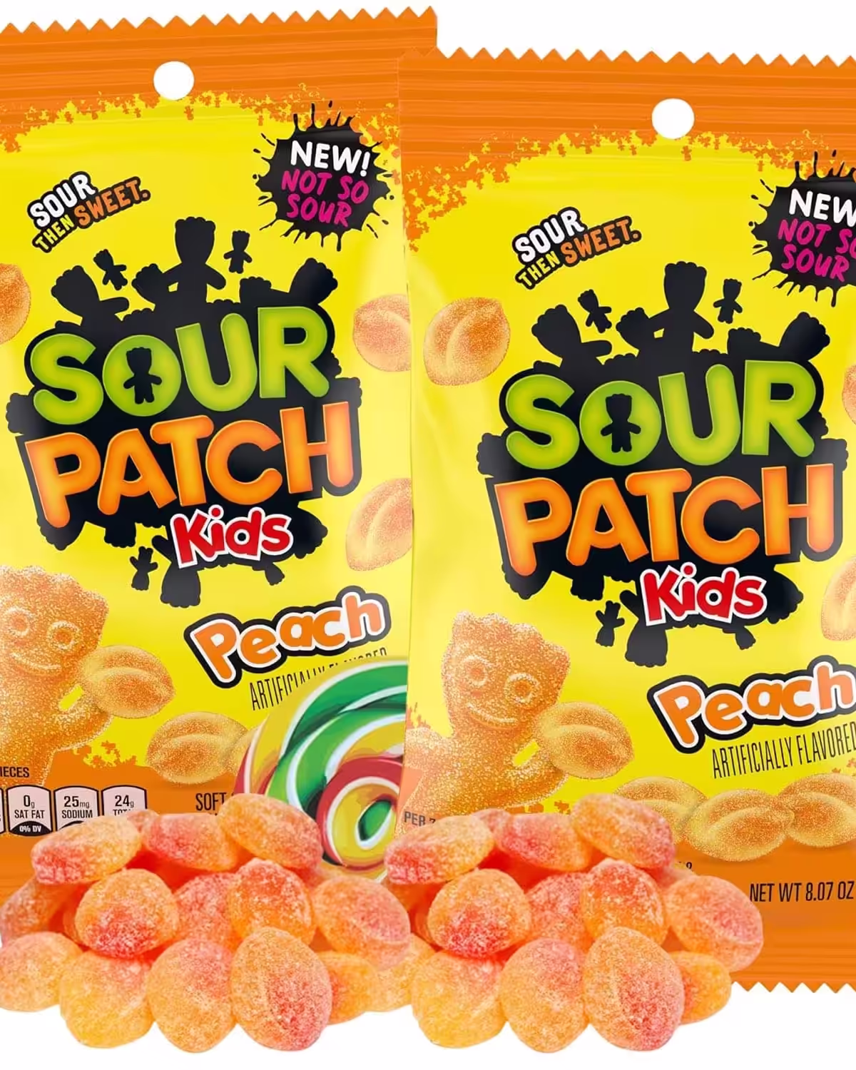 Two 8.07 oz bags of SOUR PATCH KIDS Peach Flavored Gummy Candies with sweet and peachy flavor