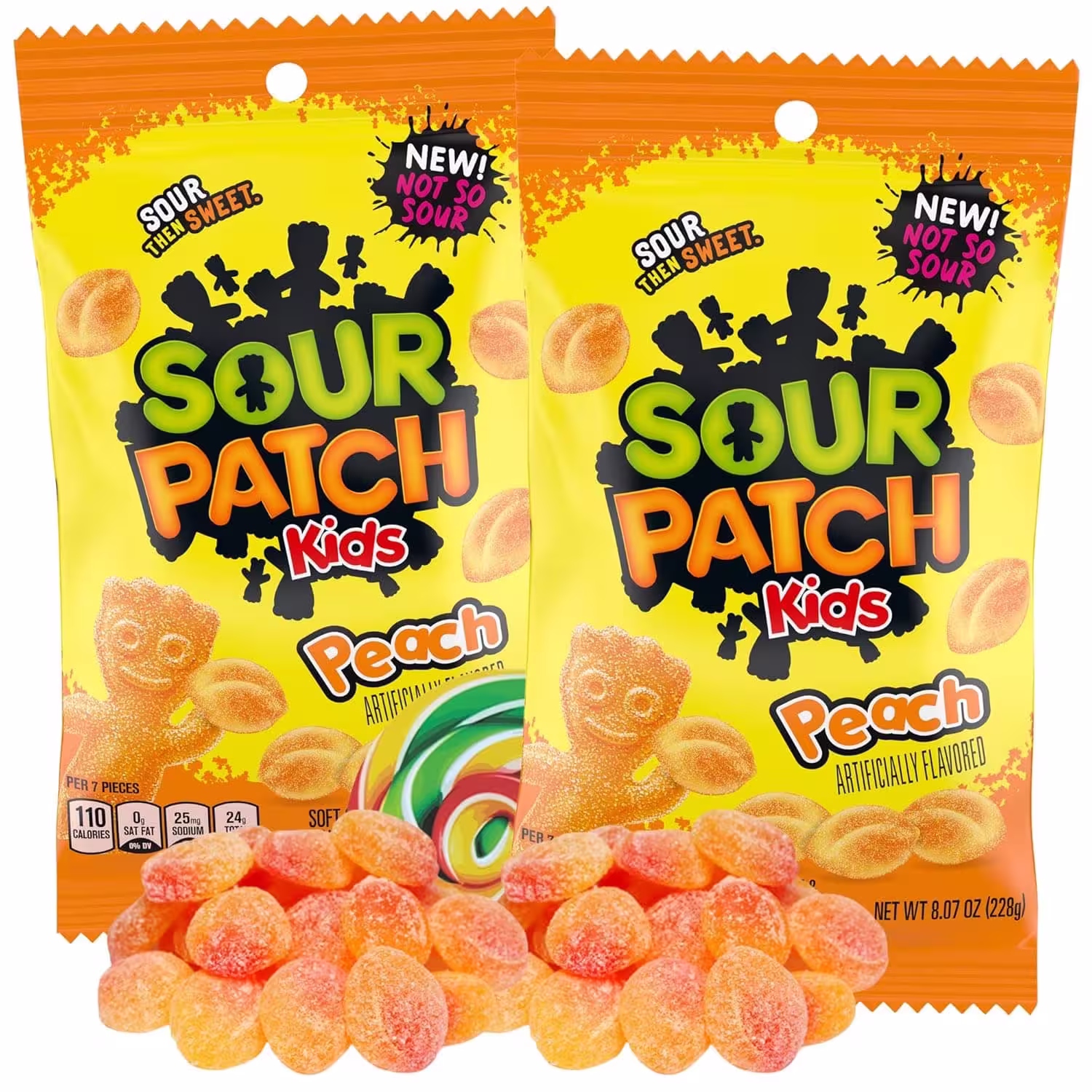 Two 8.07 oz bags of SOUR PATCH KIDS Peach Flavored Gummy Candies with sweet and peachy flavor